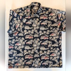 Vintage cotton Hawaiian woodie station wagons, palm trees. Pierre Cardin. XL.
